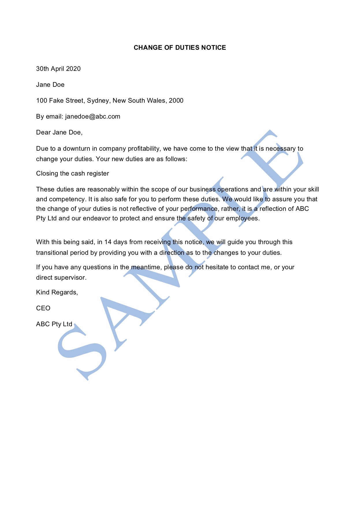 Change of Duties Notice
